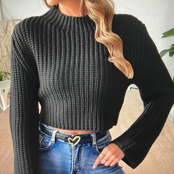Sweaters - Black Ribbed Knit Cropped Sweater